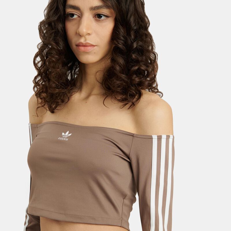 Maglia adidas adicolor Off Shoulder, marrone/bianco